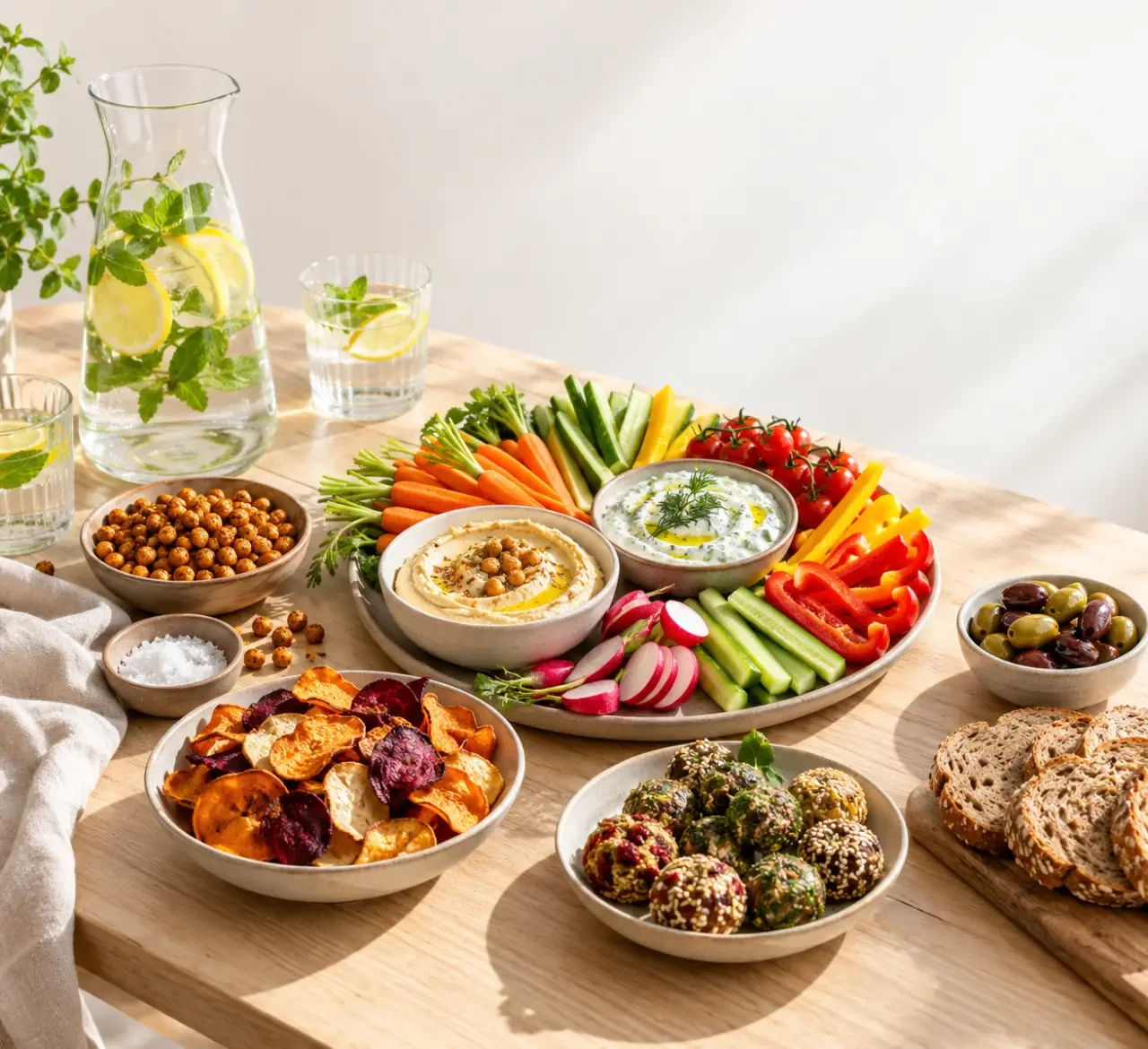 Apéro health équilibré avec crudités, houmous, tzatziki et chips de légumes maison