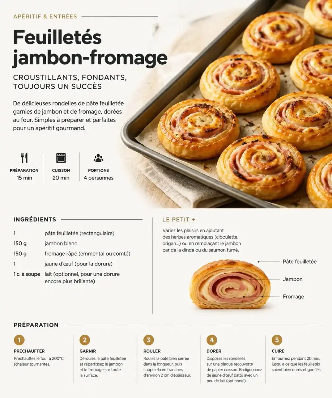 Feuilletés jambon-fromage dorés, une apéro recette rapide prête en 35 minutes