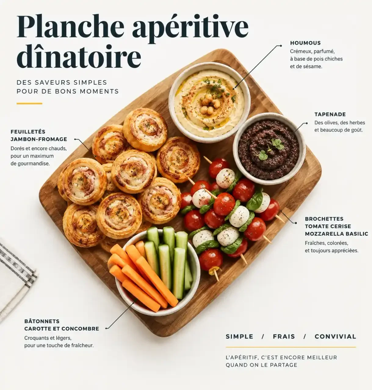 Apéro recette rapide : planche d'apéritif avec feuilletés jambon-fromage, houmous, tapenade et brochettes tomate-mozzarella