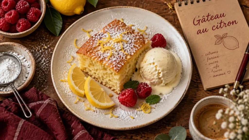 Le gâteau léger au citron, l’accompagnement aérien d’une boule de glace