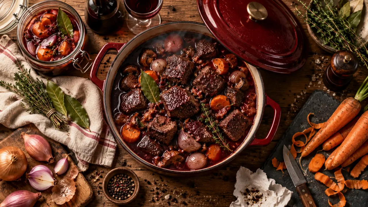 Marinade sanglier au vin rouge 24 h, cocotte fumante et cubes dorés