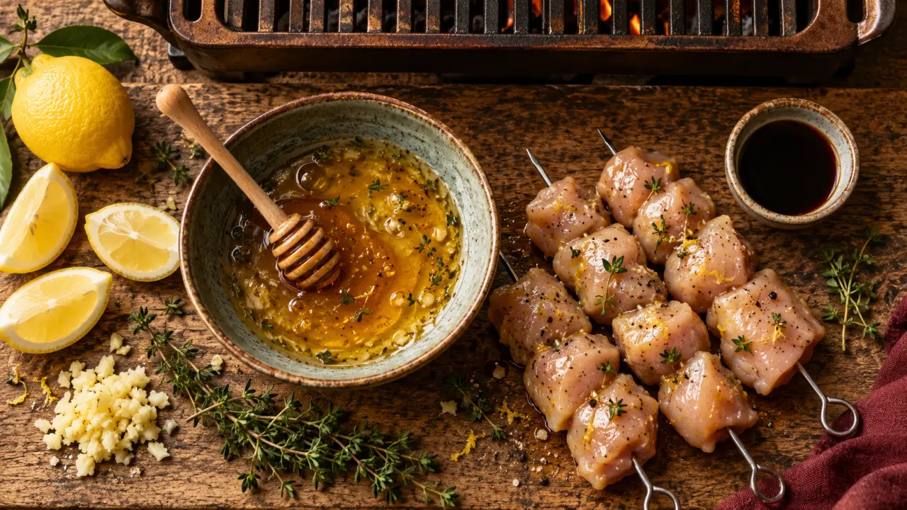 Marinades maison miel-citron, brochettes de poulet crues, citron et thym