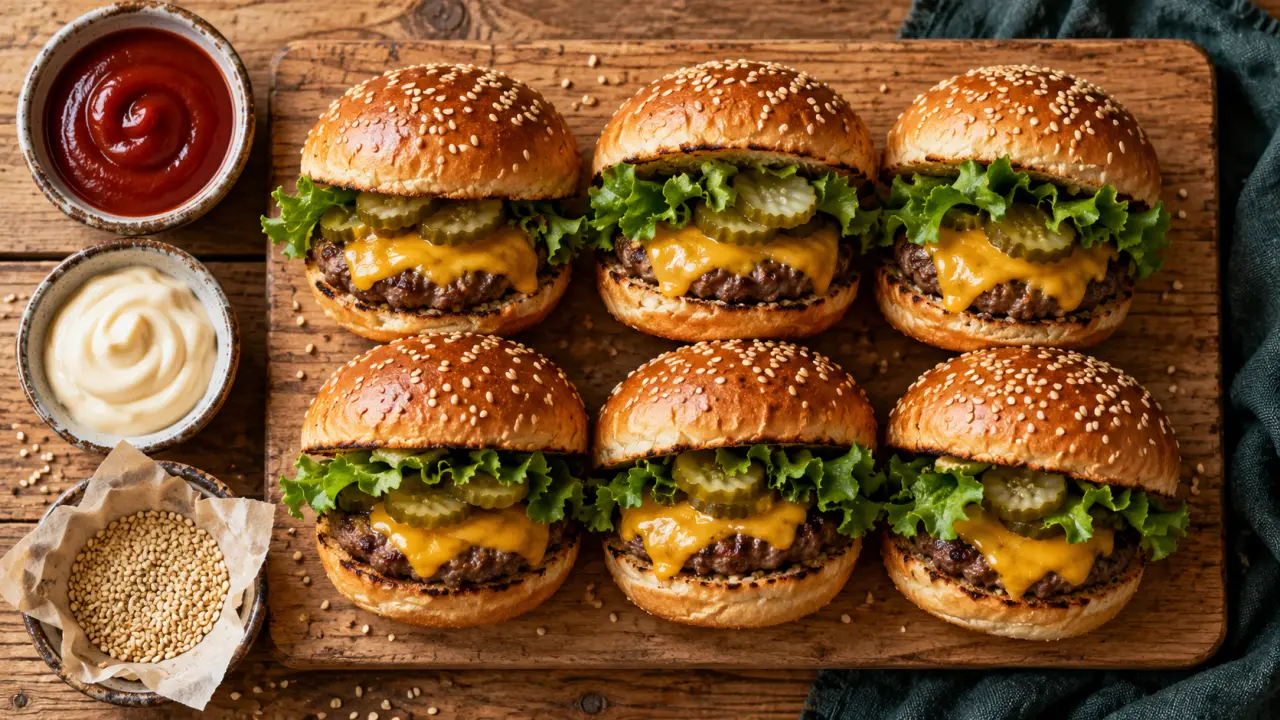 Mini burgers moelleux en vue de dessus avec cheddar et cornichons