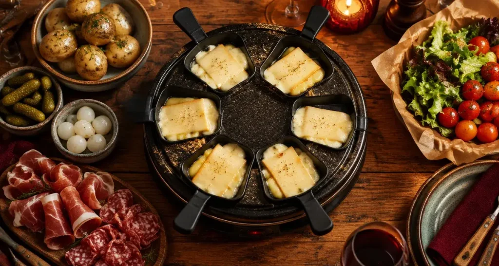 Raclette pour 6 personnes : 1,5 kg de fromage, 750 g de charcuterie et 2,4 kg de pommes de terre
