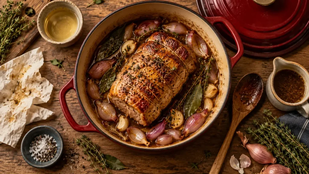 Recette de rôti de porc à la cocotte : 1 h 30 à feu doux pour une viande fondante
