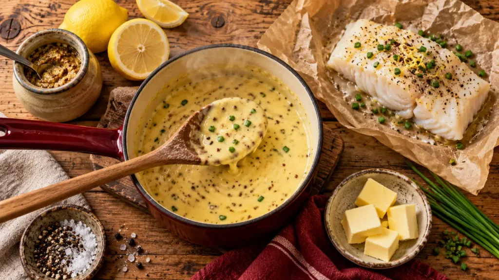 Sauce cremeuse pour poisson au citron et moutarde, nappant le cabillaud