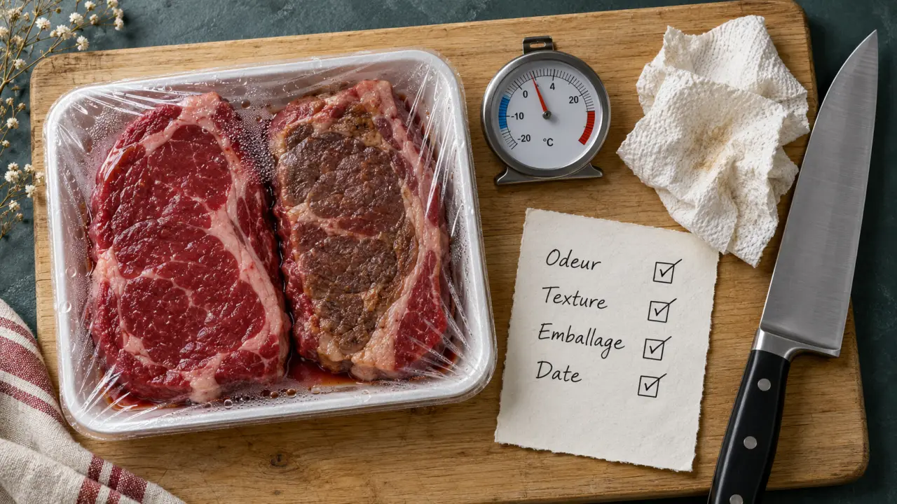 Viande qui devient marron au frigo : vérifier odeur, texture, emballage, date